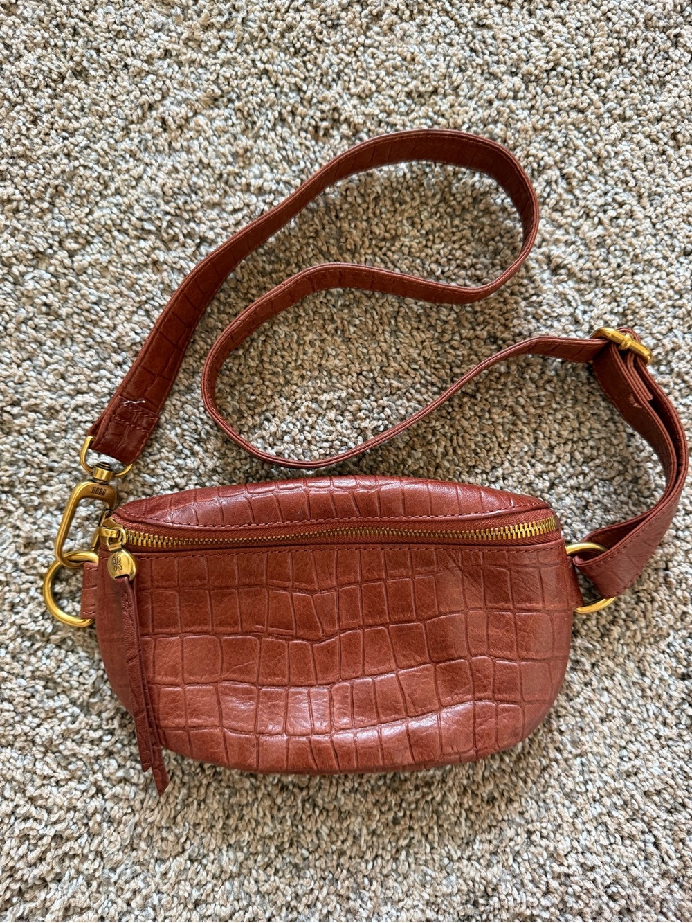 HOBO International Fern Belt Bag in Cognac Brandy Croc-embossed Leather